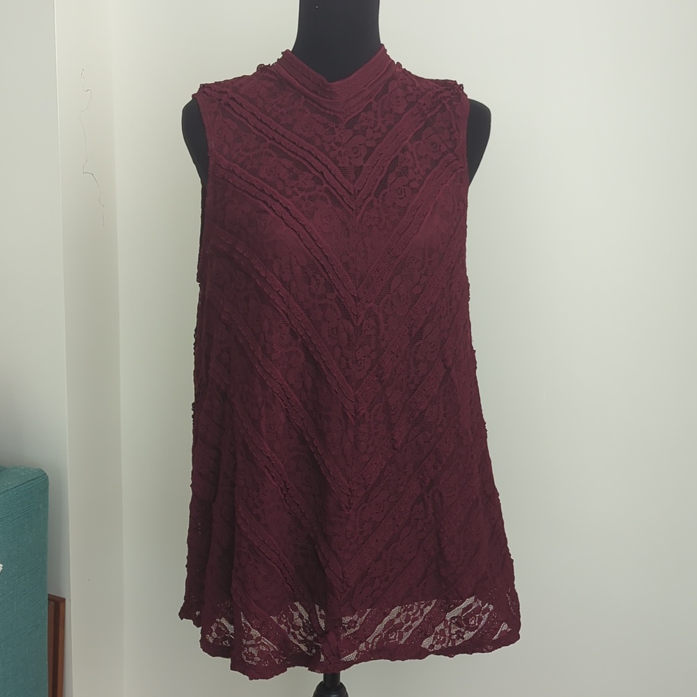 Knox Rose Burgundy Lace Chevron Sleeveless Mock Neck Top Blouse XL